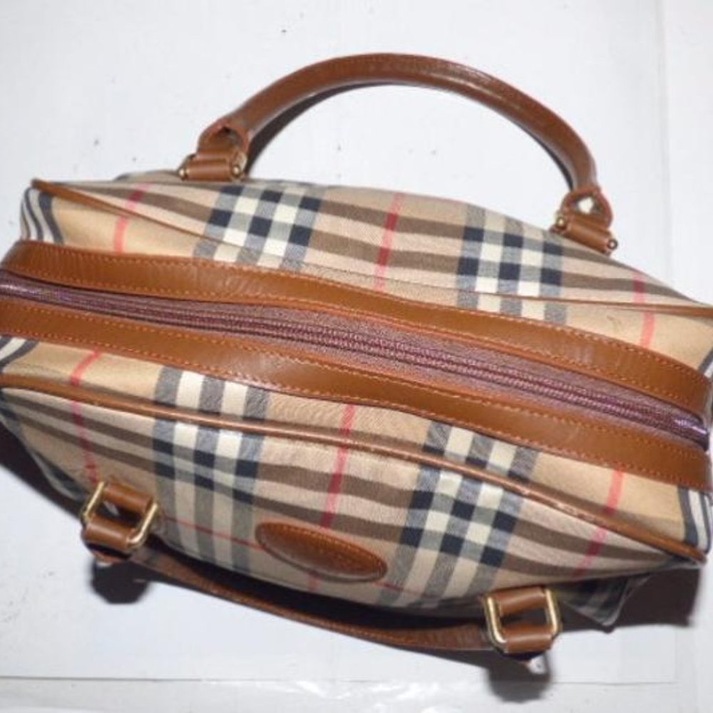 Burberry Vintage Camel Leather Nova Check Plaid Fabric Satchel - Picture 3 of 8